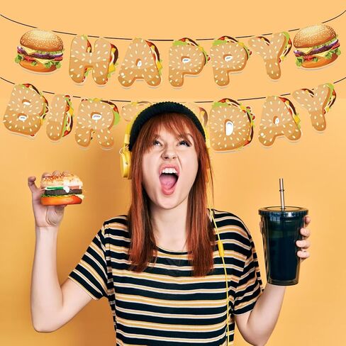 Happy Birthday Banner, Hamburger Banner, Hamburger Party Food Snacks Themed Supplies for Birthday Party Decor Girls Boys Adults in Saudi Arabia