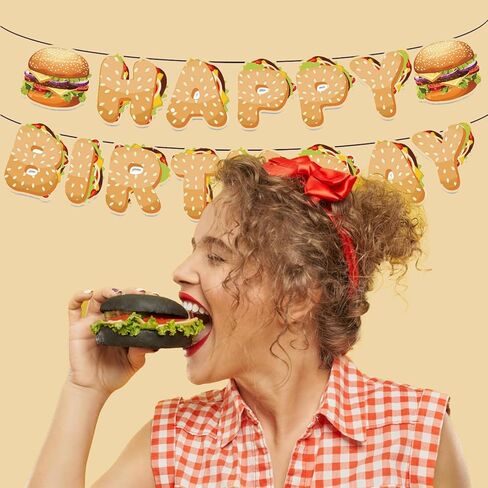 Happy Birthday Banner, Hamburger Banner, Hamburger Party Food Snacks Themed Supplies for Birthday Party Decor Girls Boys Adults in Saudi Arabia