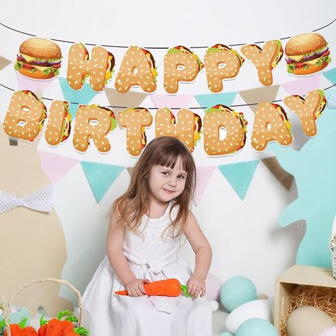 Happy Birthday Banner, Hamburger Banner, Hamburger Party Food Snacks Themed Supplies for Birthday Party Decor Girls Boys Adults in Saudi Arabia