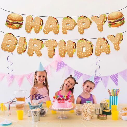 Happy Birthday Banner, Hamburger Banner, Hamburger Party Food Snacks Themed Supplies for Birthday Party Decor Girls Boys Adults in Saudi Arabia