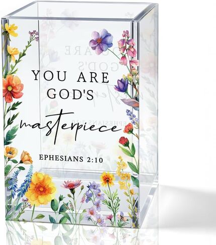 You Are God's Masterpiece Acrylic Pencil Holder Cup, Floral Christian Pen Holder for Desk, Christian Gifts for Women Girls, Bible Verses Makeup Brush Organizer for Home Office Desk Accessories in Saudi Arabia