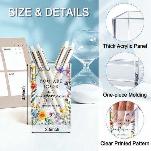 You Are God's Masterpiece Acrylic Pencil Holder Cup, Floral Christian Pen Holder for Desk, Christian Gifts for Women Girls, Bible Verses Makeup Brush Organizer for Home Office Desk Accessories in Saudi Arabia