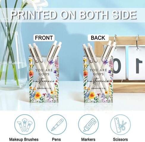 You Are God's Masterpiece Acrylic Pencil Holder Cup, Floral Christian Pen Holder for Desk, Christian Gifts for Women Girls, Bible Verses Makeup Brush Organizer for Home Office Desk Accessories in Saudi Arabia