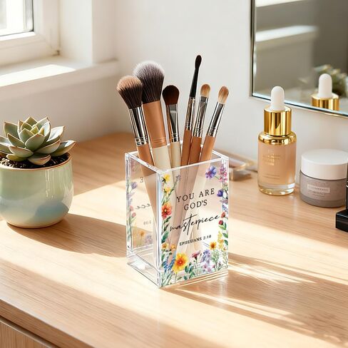 You Are God's Masterpiece Acrylic Pencil Holder Cup, Floral Christian Pen Holder for Desk, Christian Gifts for Women Girls, Bible Verses Makeup Brush Organizer for Home Office Desk Accessories in Saudi Arabia