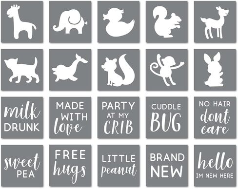 Fabric Stencil Kit, Set of 20 Stencils for Baby Shower Painting & Decorating, Phrases & Mixed Animals Pattern for Onesies Bibs Bodysuit Bags Shirts Shoes, Boy & Girls, Made in USA in Saudi Arabia