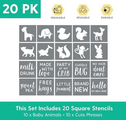 Fabric Stencil Kit, Set of 20 Stencils for Baby Shower Painting & Decorating, Phrases & Mixed Animals Pattern for Onesies Bibs Bodysuit Bags Shirts Shoes, Boy & Girls, Made in USA in Saudi Arabia