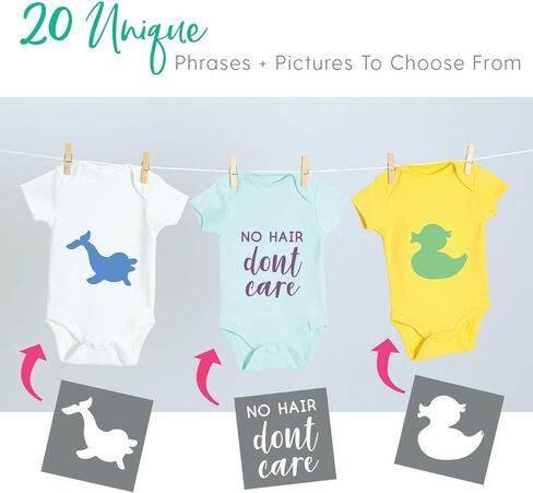 Fabric Stencil Kit, Set of 20 Stencils for Baby Shower Painting & Decorating, Phrases & Mixed Animals Pattern for Onesies Bibs Bodysuit Bags Shirts Shoes, Boy & Girls, Made in USA in Saudi Arabia