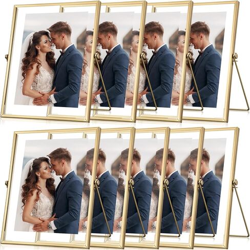 9 Pieces Glass Picture Frame Metal Floating Frame Photo Frame Pressed Glass Photo Frame Vintage Brass Picture Frame Metal Geometric Picture Frame Desk Vertical Frame, 4 x 6 Inch (Gold) in Kuwait