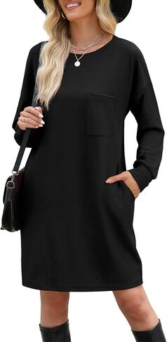 WIHOLL Womens Long Sleeve Dress Loose Fit Casual Crewneck Flowy Mini Dresses with Pockets Fall Fashion in Kuwait