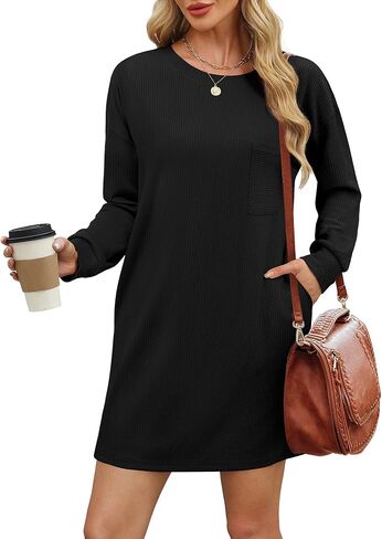 WIHOLL Womens Long Sleeve Dress Loose Fit Casual Crewneck Flowy Mini Dresses with Pockets Fall Fashion in Kuwait