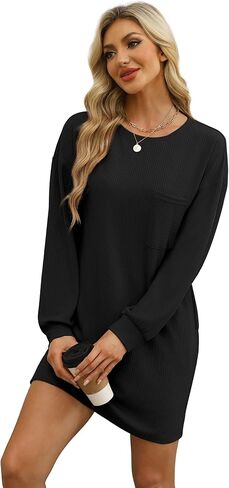 WIHOLL Womens Long Sleeve Dress Loose Fit Casual Crewneck Flowy Mini Dresses with Pockets Fall Fashion in Kuwait
