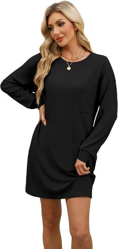 WIHOLL Womens Long Sleeve Dress Loose Fit Casual Crewneck Flowy Mini Dresses with Pockets Fall Fashion in Kuwait