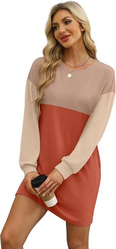 WIHOLL Womens Long Sleeve Dress Loose Fit Casual Crewneck Flowy Mini Dresses with Pockets Fall Fashion in Saudi Arabia