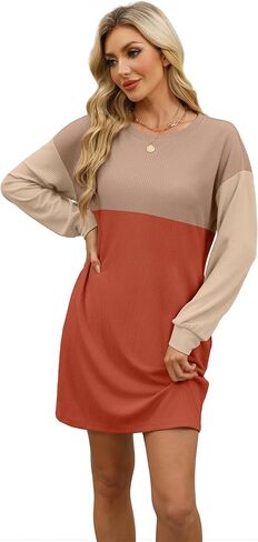 WIHOLL Womens Long Sleeve Dress Loose Fit Casual Crewneck Flowy Mini Dresses with Pockets Fall Fashion in Saudi Arabia