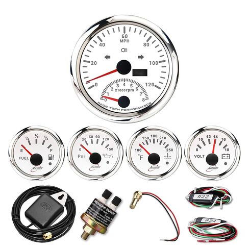 RACETECH 5 Gauge Set 85mm (3-3/8") 2in1 GPS Speedometer 120 MPH Tachometer 8000 RPM Indicator Light & Odometer - 52mm (2-1/16") Fuel Oil Pressure Water Temp Volt Gauge - 240-33 ohm 12V 24V White Dial in Saudi Arabia