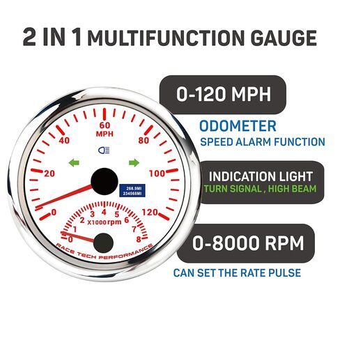 RACETECH 5 Gauge Set 85mm (3-3/8") 2in1 GPS Speedometer 120 MPH Tachometer 8000 RPM Indicator Light & Odometer - 52mm (2-1/16") Fuel Oil Pressure Water Temp Volt Gauge - 240-33 ohm 12V 24V White Dial in Saudi Arabia