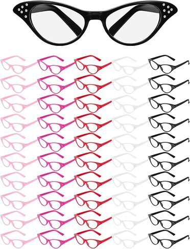 Dunzy 10 Pairs Cat Eye Rhinestone Glasses Retro 50s 60s Cateye Glasses Old Lady Glasses Carnival Sock Hop Party Decorations(Classic Color) in Kuwait