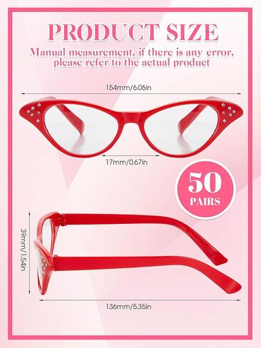 Dunzy 10 Pairs Cat Eye Rhinestone Glasses Retro 50s 60s Cateye Glasses Old Lady Glasses Carnival Sock Hop Party Decorations(Classic Color) in Kuwait