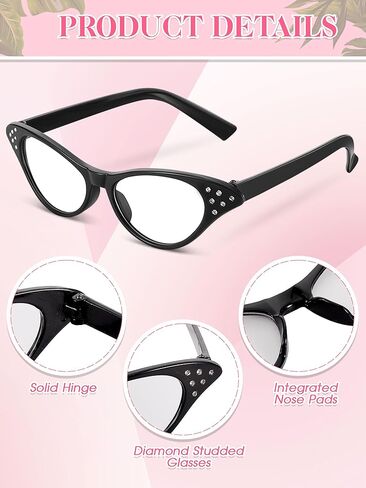 Dunzy 10 Pairs Cat Eye Rhinestone Glasses Retro 50s 60s Cateye Glasses Old Lady Glasses Carnival Sock Hop Party Decorations(Classic Color) in Kuwait