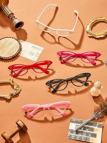 Dunzy 10 Pairs Cat Eye Rhinestone Glasses Retro 50s 60s Cateye Glasses Old Lady Glasses Carnival Sock Hop Party Decorations(Classic Color) in Kuwait