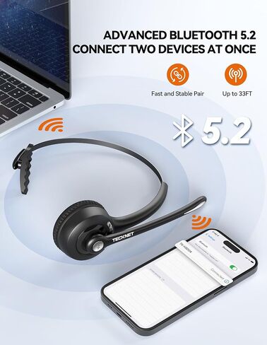 TECKNET Bluetooth Headset, Wireless On Ear Headphones with Noise Cancelling Microphone for Trucker, Hand Free Wireless Headset with Mute Mic for Work, Cellphone, PC, Home, Office, Call Center in Kuwait
