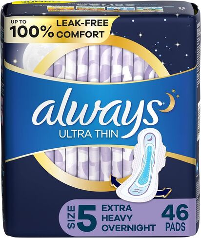 Always Ultra Thin Feminine Pads for Women, Size 5, Extra Heavy, Overnight Absorbency with Wings, 46 Count x 2 Packs (92 Count Total) in Kuwait
