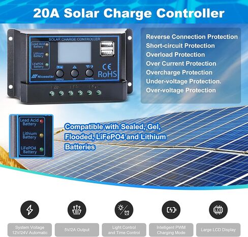 Nicesolar 20A 12V 24V جهاز التحكم بالشحن الشمسي PWM منظم لنظام مجموعة الألواح الشمسية AGM جل حمض الرصاص المختوم وبطارية الليثيوم، LiFePO4 بطارية ليثيوم أيون فوسفات ذات دورة عميقة in Kuwait