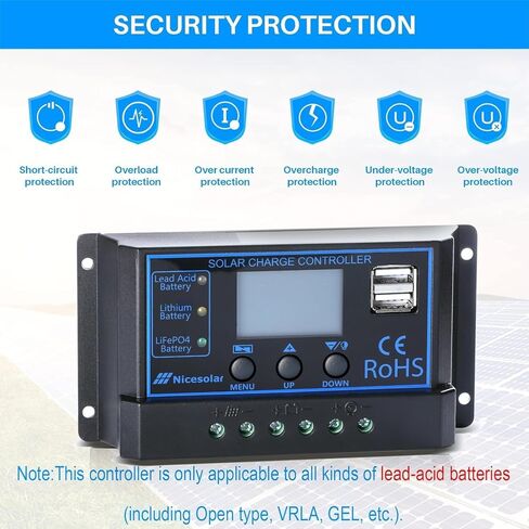 Nicesolar 20A 12V 24V جهاز التحكم بالشحن الشمسي PWM منظم لنظام مجموعة الألواح الشمسية AGM جل حمض الرصاص المختوم وبطارية الليثيوم، LiFePO4 بطارية ليثيوم أيون فوسفات ذات دورة عميقة in Kuwait