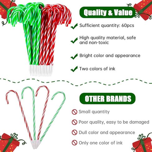 Outus 60 Pieces Christmas Candy Cane Pen Bulk Stripes Ballpoint Pens with Black and Blue Ink for Xmas Stocking Stuffers Classroom Gifts Holiday Party Favors Goodie Bag Fillers (Red White, Green White) in Saudi Arabia