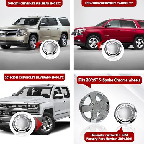 1PC New Chrome Wheel Center Cap Cover #5651 Fits Silverado Tahoe Suburban LTZ 2015-2018 | Compatible with 20"x9" 5-Spoke Factory Wheels | Replaces Part# 20942001 in Saudi Arabia