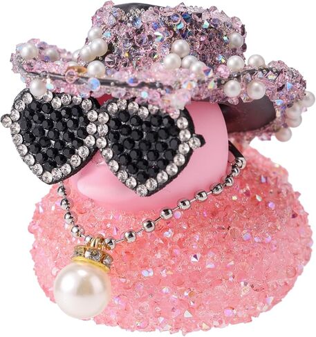 Diamond Rubber Duck, 2x2.17 Inch Car Ornaments Duck with Cowboy Hat & Sunglasses & Pearl Pendant Necklace Funny Dashboard Decorations Cool Office Car Accessory (Pink) in Saudi Arabia