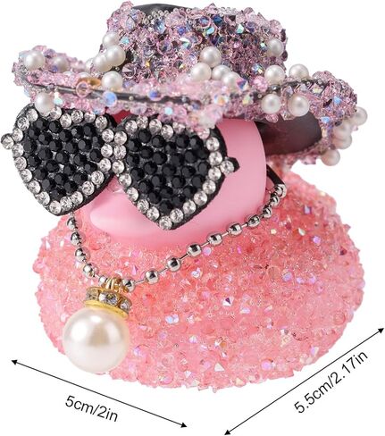 Diamond Rubber Duck, 2x2.17 Inch Car Ornaments Duck with Cowboy Hat & Sunglasses & Pearl Pendant Necklace Funny Dashboard Decorations Cool Office Car Accessory (Pink) in Saudi Arabia