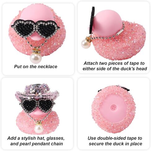 Diamond Rubber Duck, 2x2.17 Inch Car Ornaments Duck with Cowboy Hat & Sunglasses & Pearl Pendant Necklace Funny Dashboard Decorations Cool Office Car Accessory (Pink) in Saudi Arabia