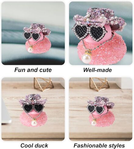 Diamond Rubber Duck, 2x2.17 Inch Car Ornaments Duck with Cowboy Hat & Sunglasses & Pearl Pendant Necklace Funny Dashboard Decorations Cool Office Car Accessory (Pink) in Saudi Arabia