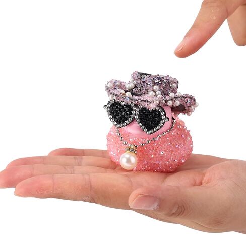 Diamond Rubber Duck, 2x2.17 Inch Car Ornaments Duck with Cowboy Hat & Sunglasses & Pearl Pendant Necklace Funny Dashboard Decorations Cool Office Car Accessory (Pink) in Saudi Arabia