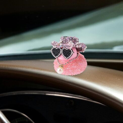 Diamond Rubber Duck, 2x2.17 Inch Car Ornaments Duck with Cowboy Hat & Sunglasses & Pearl Pendant Necklace Funny Dashboard Decorations Cool Office Car Accessory (Pink) in Saudi Arabia