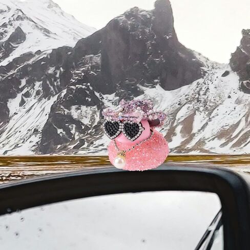 Diamond Rubber Duck, 2x2.17 Inch Car Ornaments Duck with Cowboy Hat & Sunglasses & Pearl Pendant Necklace Funny Dashboard Decorations Cool Office Car Accessory (Pink) in Saudi Arabia