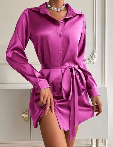 Zeagoo Women's Stain Long Sleeve Dress Button Down Shirts Tunic Dresses Casual V-Neck Mini Dress with Belt in Kuwait