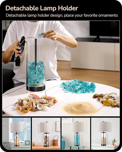 EDISHINE 23.6" Glass Table Lamp Set of 2, DIY Refillable Bedside Lamp with Linen Lampshade & Rotary Switch, E26 Base, Nightstand Light for Living Room, Bedroom, Office in Kuwait