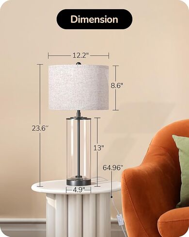 EDISHINE 23.6" Glass Table Lamp Set of 2, DIY Refillable Bedside Lamp with Linen Lampshade & Rotary Switch, E26 Base, Nightstand Light for Living Room, Bedroom, Office in Kuwait