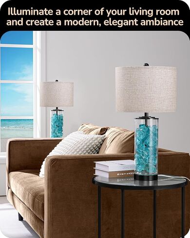 EDISHINE 23.6" Glass Table Lamp Set of 2, DIY Refillable Bedside Lamp with Linen Lampshade & Rotary Switch, E26 Base, Nightstand Light for Living Room, Bedroom, Office in Kuwait