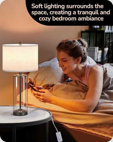 EDISHINE 23.6" Glass Table Lamp Set of 2, DIY Refillable Bedside Lamp with Linen Lampshade & Rotary Switch, E26 Base, Nightstand Light for Living Room, Bedroom, Office in Kuwait
