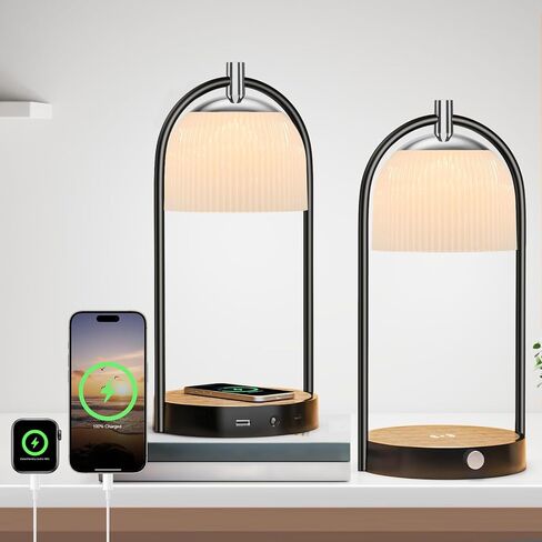 Koopala 15W Wireless Charging Bedside LED Table Lamps Set of 2, Modern Small Nightstand Lights with Type-C&USB-Port, Dimmable Night Desk Lamp for Reading Bedroom Dinner Living Room Home Office-Black in Saudi Arabia