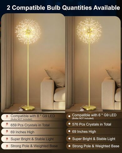 Crystal Floor Lamp for Living Room, Standing Lamp with On/Off Foot Switch, Mid Century Gold Floor Lighting with 576 PCS K9 Crystals, 69'' Metal Lamp for Bedroom Office Home Decor (Gold/6) in Saudi Arabia