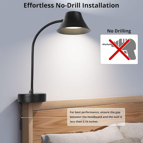 TONYFUL Bed Reading Light, Eye Care Headboard Lamp, No Drilling Headboard Light, 5 Color Temperatures & 10 Brightness Bed Lamp, Flexible Gooseneck, Top Ambient Lighting Bedside Lamp(Black) in Saudi Arabia