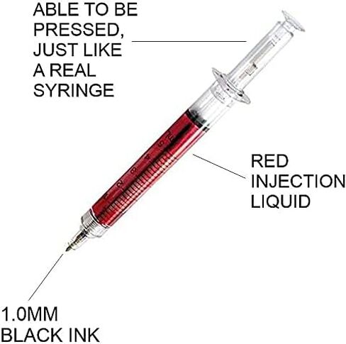 VIZIONSTAR Red Syringe Shape Pens Ball Point Pen For Hospital Nurse 1.0mm - Black Ink 15pcs (12 + 3 Gift) (Red) in Saudi Arabia