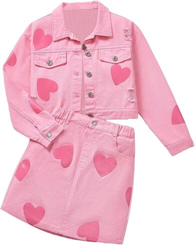 Girl's 2 Piece Denim Clothing Sets Ripped Raw Hem Denim Jacket with Mini Skirts in Saudi Arabia