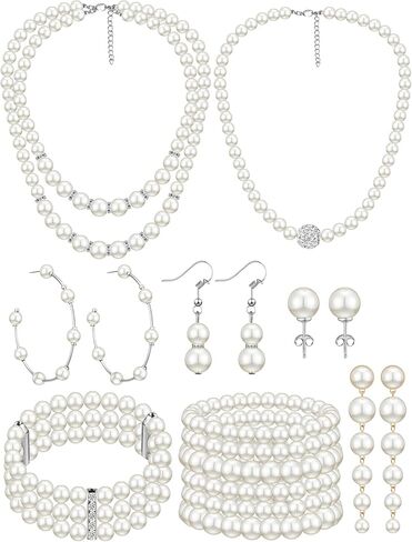 BBTO 8 Pcs Pearl Necklace and Earrings Set for Women Pearl Jewelry Set Faux Pearl Necklace Earrings Simulated Pearl Bracelets (Elegant Style) in Kuwait