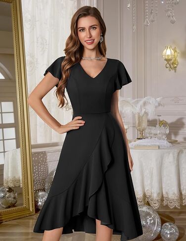 DRESSTELLS Women's Cocktail Dresses 2024, Formal Wedding Guest Ruffle Holiday Party Winter Dress V-Neck Vintage Dress in Kuwait