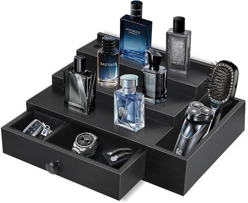 Cologne Stand Organizer for Men, 3 Tier Cologne Display Shelf with Velvet Lining Drawer and Compartments for Watch, Jewelry, Perfume Display Risers for Cologne, Great Gift for Father in Kuwait